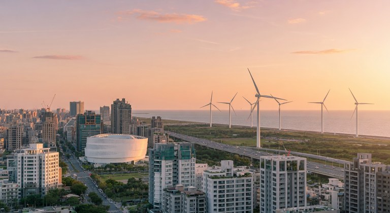 台中城市天際線與遠方的風力發電機